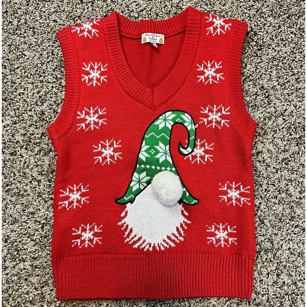 Poof Women's XS Red V-Neck Christmas Sweater Vest Snowflake Pom-Pom